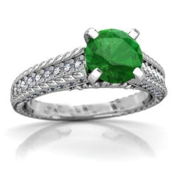 Anello In Oro Bianco Con Diamanti E Verde Smeraldo A Taglio Rotondo Da 3.50 Carati