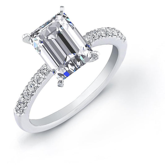 Anello In Oro Bianco Con Smeraldo E Genuino Diamanti A Taglio Rotondo Da 3.70 Ct Con Montatura A 4 Griffe