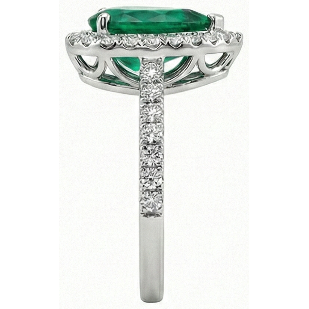 Anello In Pietra Preziosa Verde Smeraldo Con Diamante Halo 3.75 Carati In Oro Bianco 14K