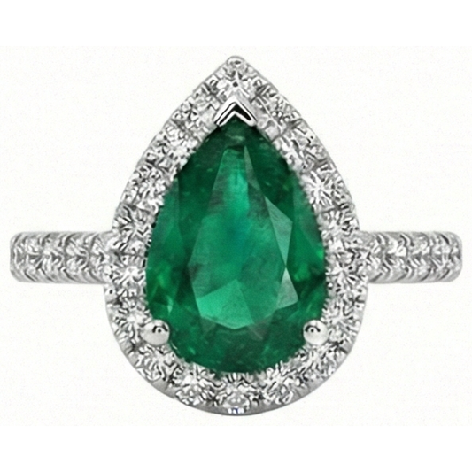 Anello In Pietra Preziosa Verde Smeraldo Con Diamante Halo 3.75 Carati In Oro Bianco 14K