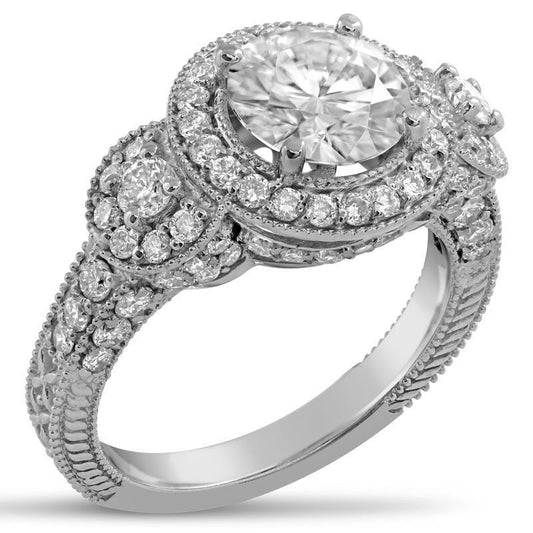 Anello In Stile Antico Con Genuino Diamante Rotondo Da 3,60 Carati E Oro Bianco 14K