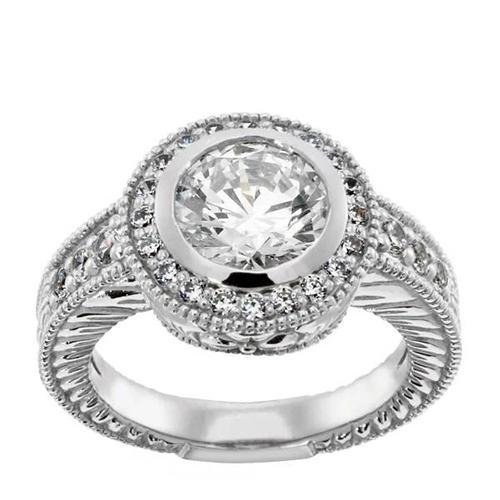 Anello In Stile Antico Con Naturale Diamante 2 Ct Halo In Oro Bianco 14K