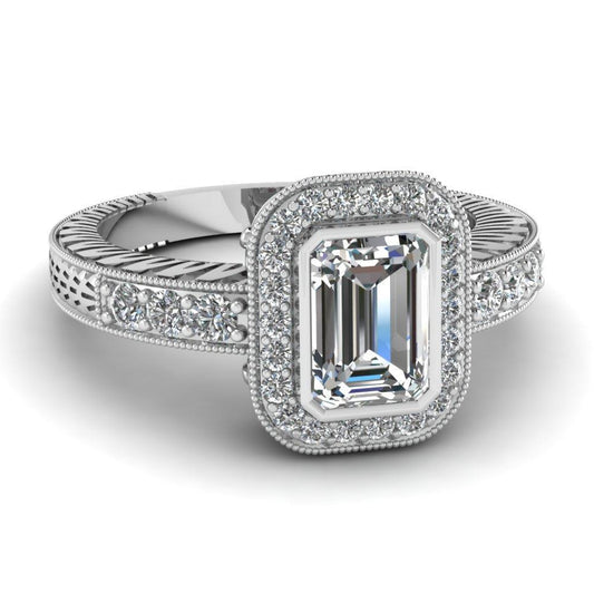 Anello In Stile Antico Con Vero Diamante Aureola Smeraldo 1.50 Ct