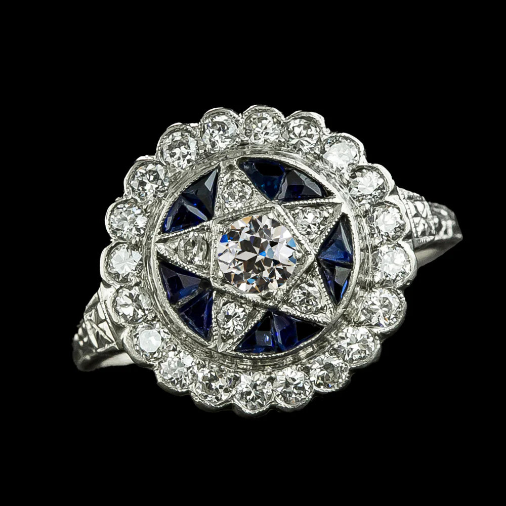 Anello In Zaffiro Blu Con Vero Diamanti Rotondi A Taglio Antico Stile Fiore Stella 3 Carati