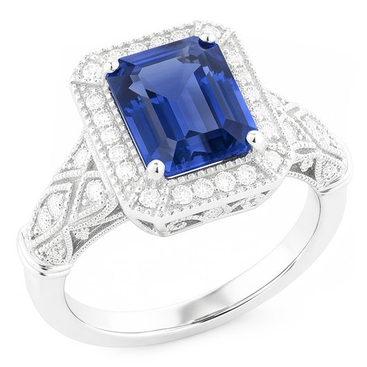 Anello Milligrain Halo Emerald Blue Sapphire 4 Carati Con Diamanti Naturali Autentici ( non creati in laboratorio )