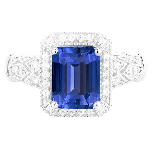 Anello Milligrain Halo Emerald Blue Sapphire 4 Carati Con Diamanti Naturali Autentici ( non creati in laboratorio )