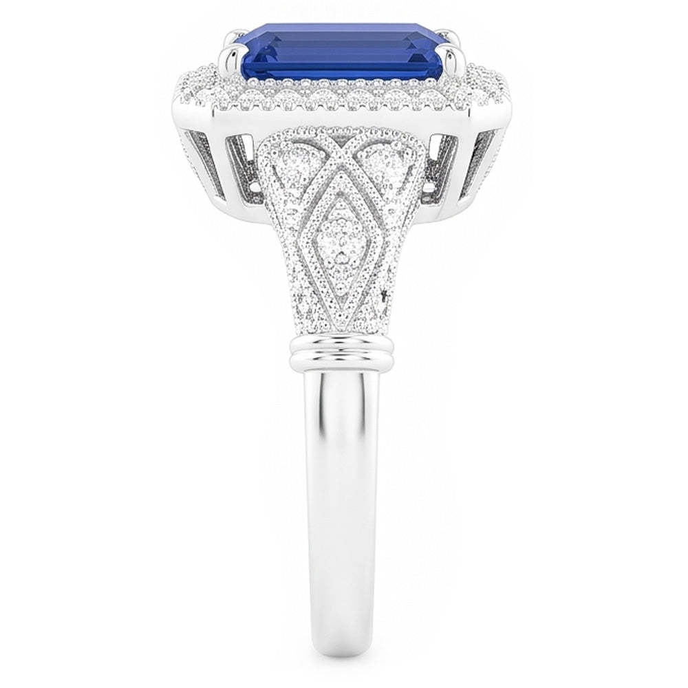 Anello Milligrain Halo Emerald Blue Sapphire 4 Carati Con Diamanti Naturali Autentici ( non creati in laboratorio )
