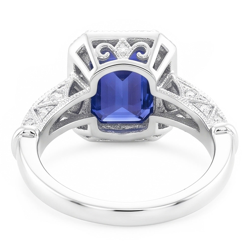 Anello Milligrain Halo Emerald Blue Sapphire 4 Carati Con Diamanti Naturali Autentici ( non creati in laboratorio )