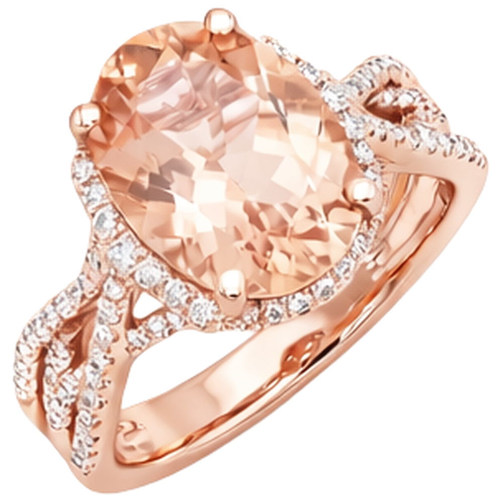 Anello Morganite Ovale E Tondo Da 9.25 Ct Con Diamanti Oro 14K