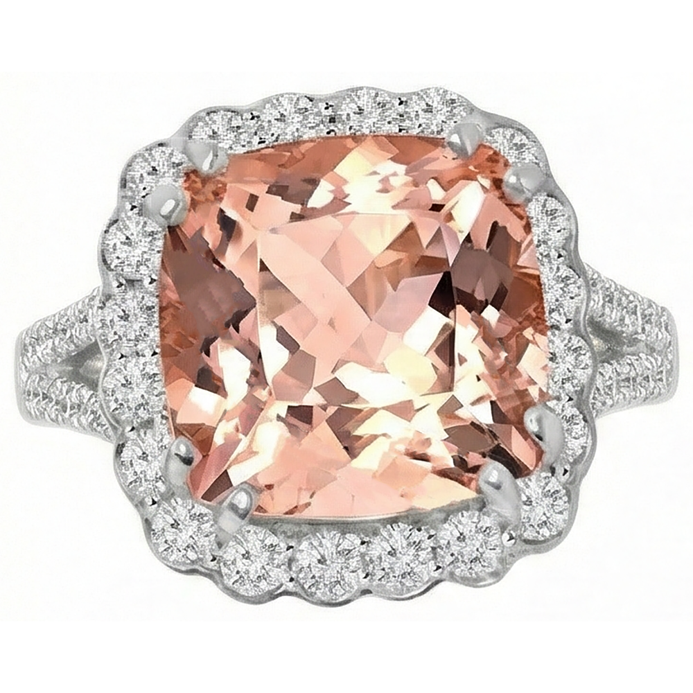 Anello Morganite a cuscino da 15.25 ct con diamanti rotondi in oro bianco 14 carati