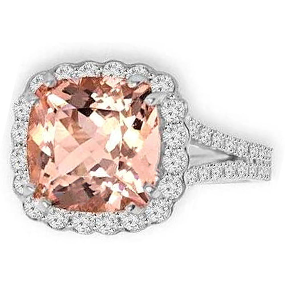 Anello Morganite a cuscino da 15.25 ct con diamanti rotondi in oro bianco 14 carati