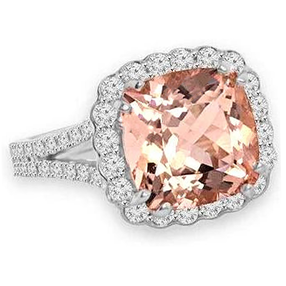 Anello Morganite a cuscino da 15.25 ct con diamanti rotondi in oro bianco 14 carati