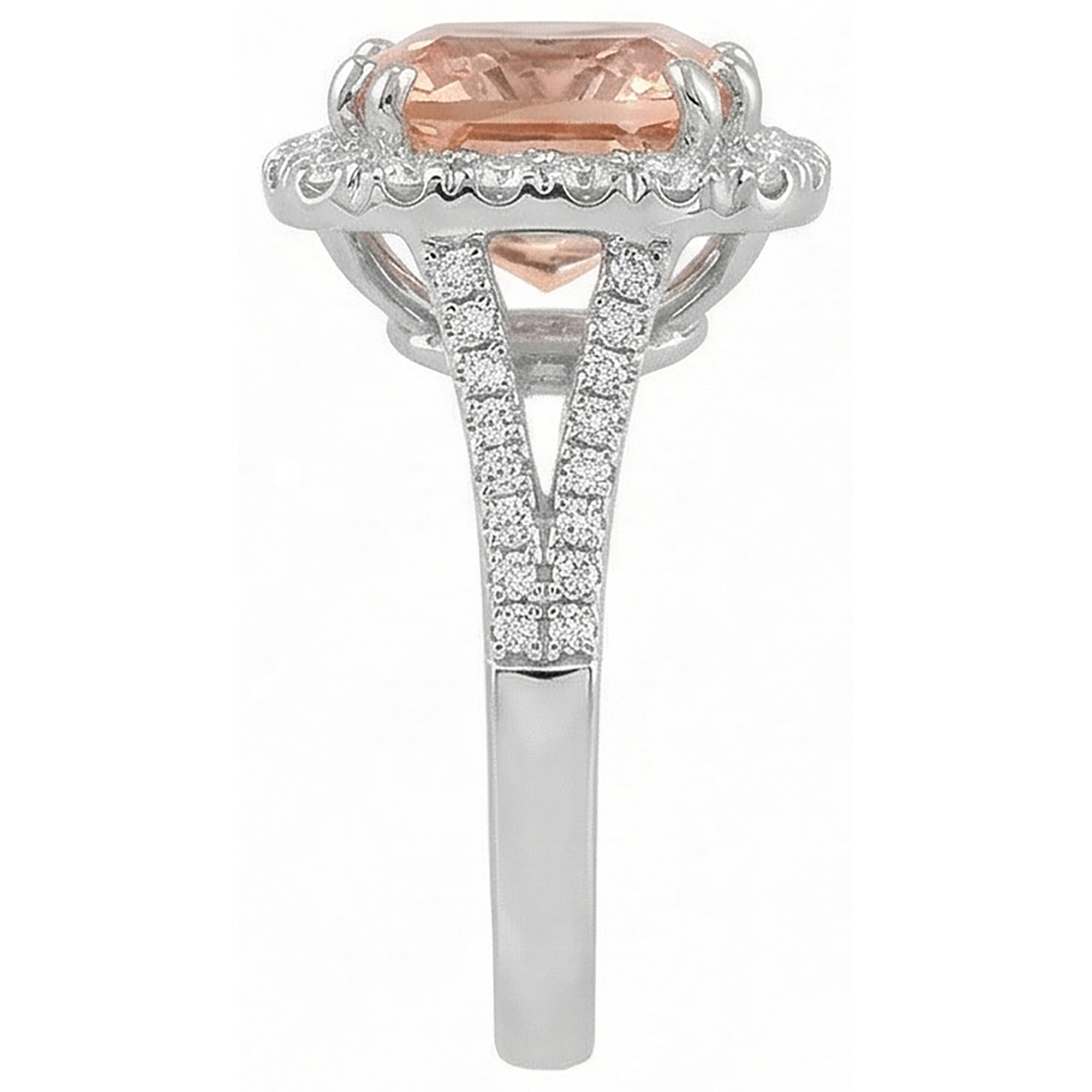 Anello Morganite a cuscino da 15.25 ct con diamanti rotondi in oro bianco 14 carati