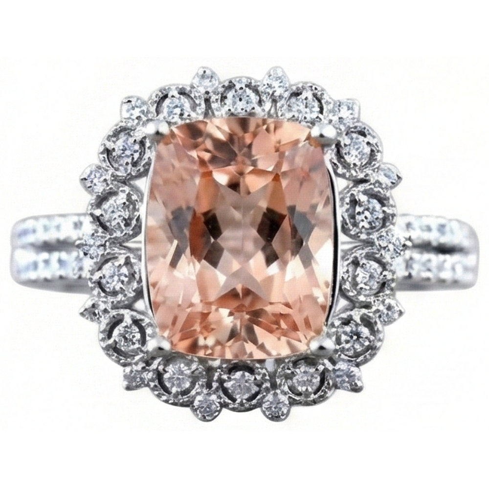 Anello Morganite con cuscino da 6.50 ct e diamanti in oro 14K