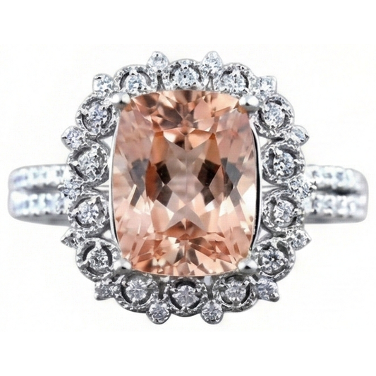 Anello Morganite con cuscino da 6.50 ct e diamanti in oro 14K