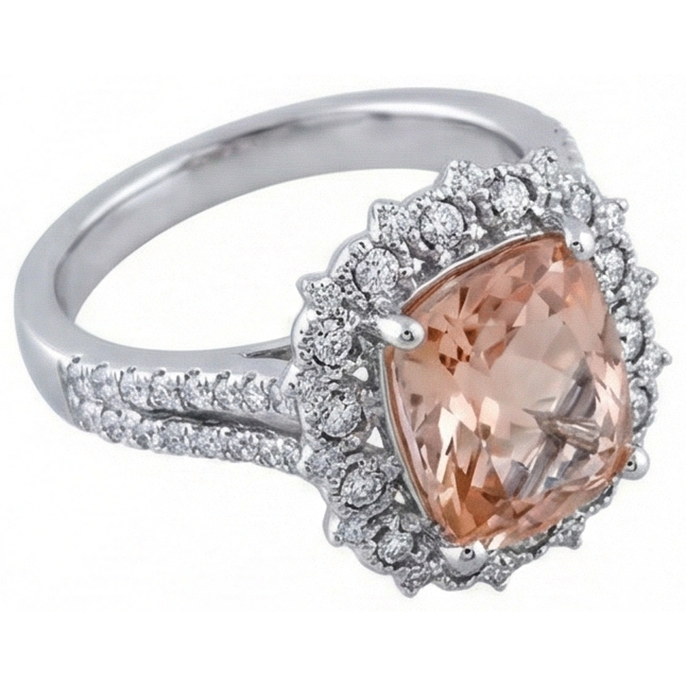 Anello Morganite con cuscino da 6.50 ct e diamanti in oro 14K