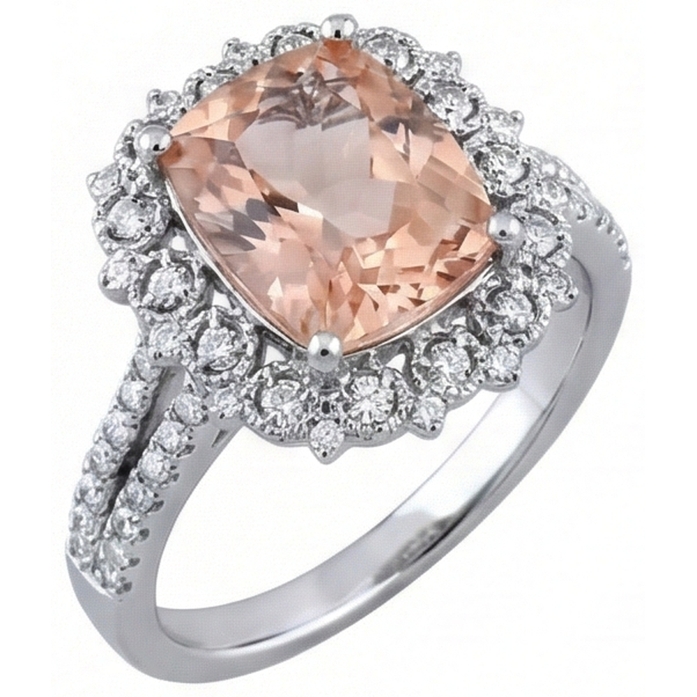Anello Morganite con cuscino da 6.50 ct e diamanti in oro 14K
