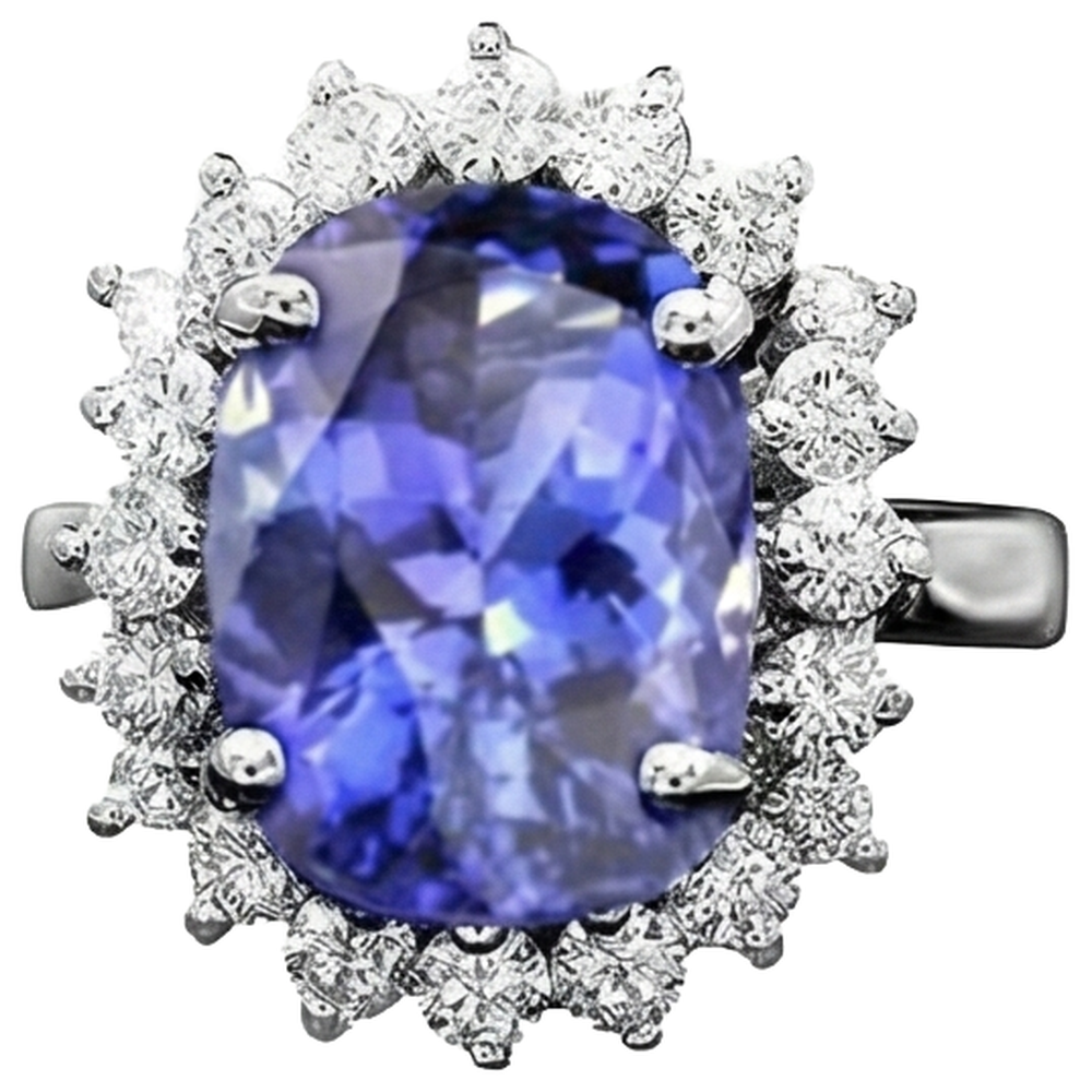 Anello Ovale AAA Tanzanite E Diamanti Naturali Autentici ( non creati in laboratorio ) 8 Carati Nuovo Oro Bianco 14K