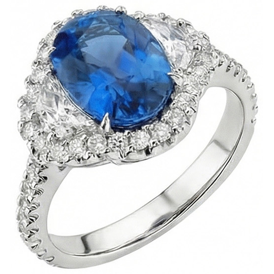 Anello Ovale Con Zaffiro Blu E Diamanti Naturali Autentici ( non creati in laboratorio ) Gioiello In Oro Bianco 14K.