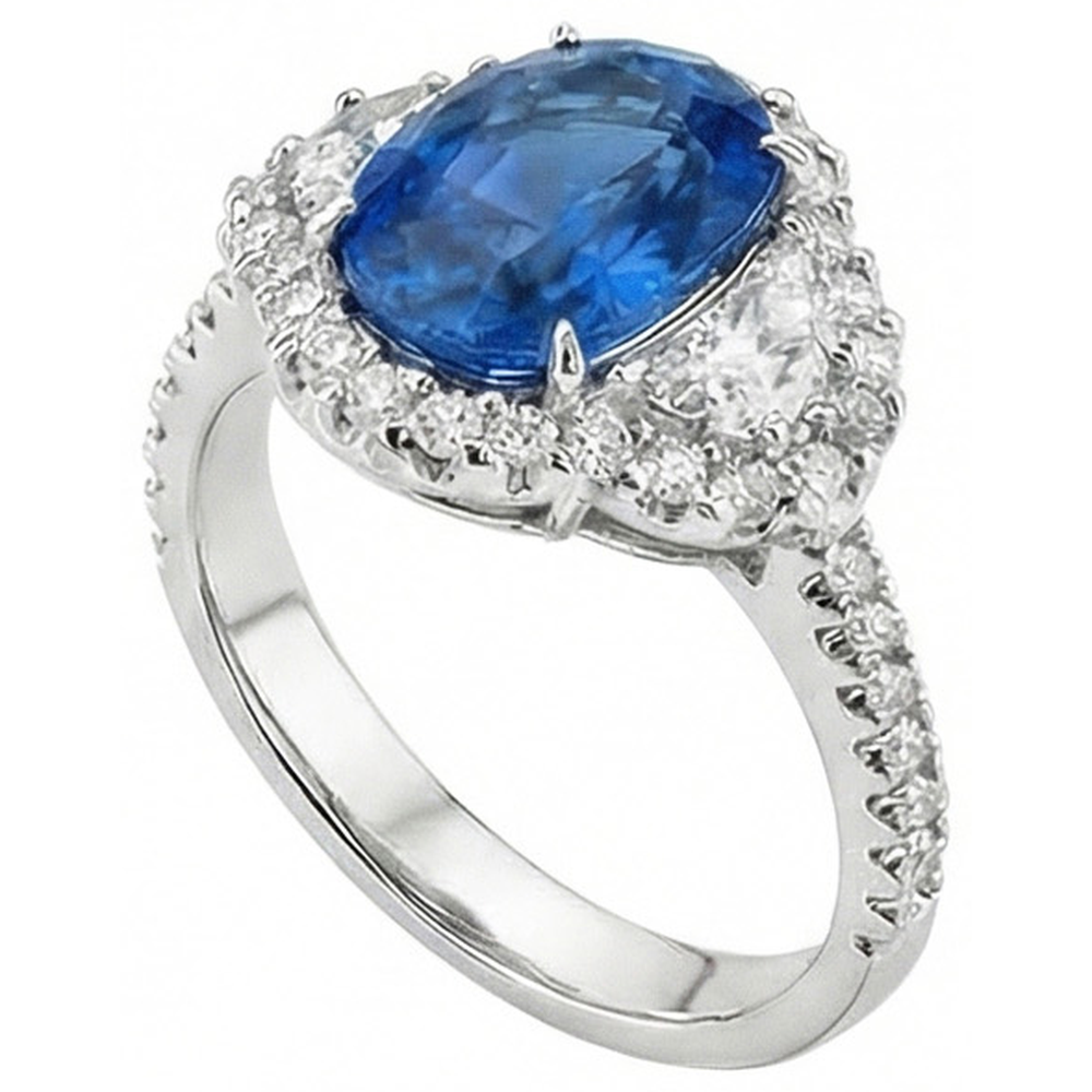 Anello Ovale Con Zaffiro Blu E Diamanti Naturali Autentici ( non creati in laboratorio ) Gioiello In Oro Bianco 14K.