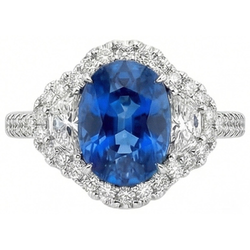 Anello Ovale Con Zaffiro Blu E Diamanti Naturali Autentici ( non creati in laboratorio ) Gioiello In Oro Bianco 14K.