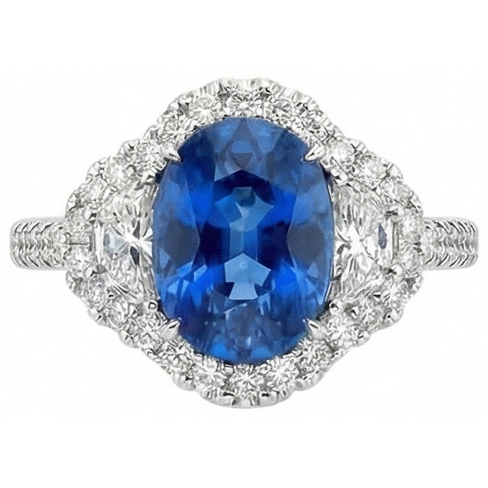 Anello Ovale Con Zaffiro Blu E Diamanti Naturali Autentici ( non creati in laboratorio ) Gioiello In Oro Bianco 14K.