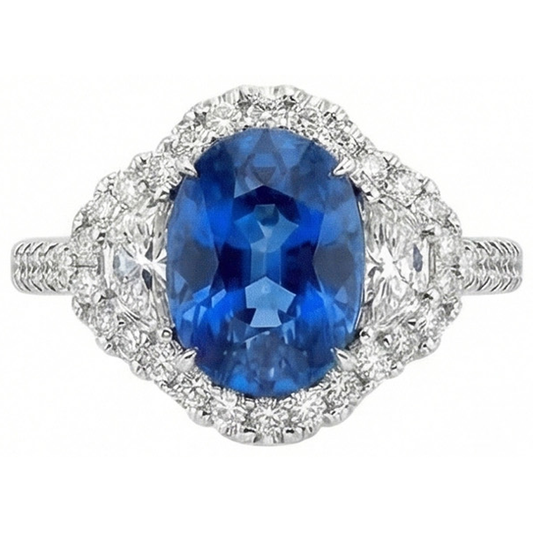 Anello Ovale Con Zaffiro Blu E Diamanti Naturali Autentici ( non creati in laboratorio ) Gioiello In Oro Bianco 14K.