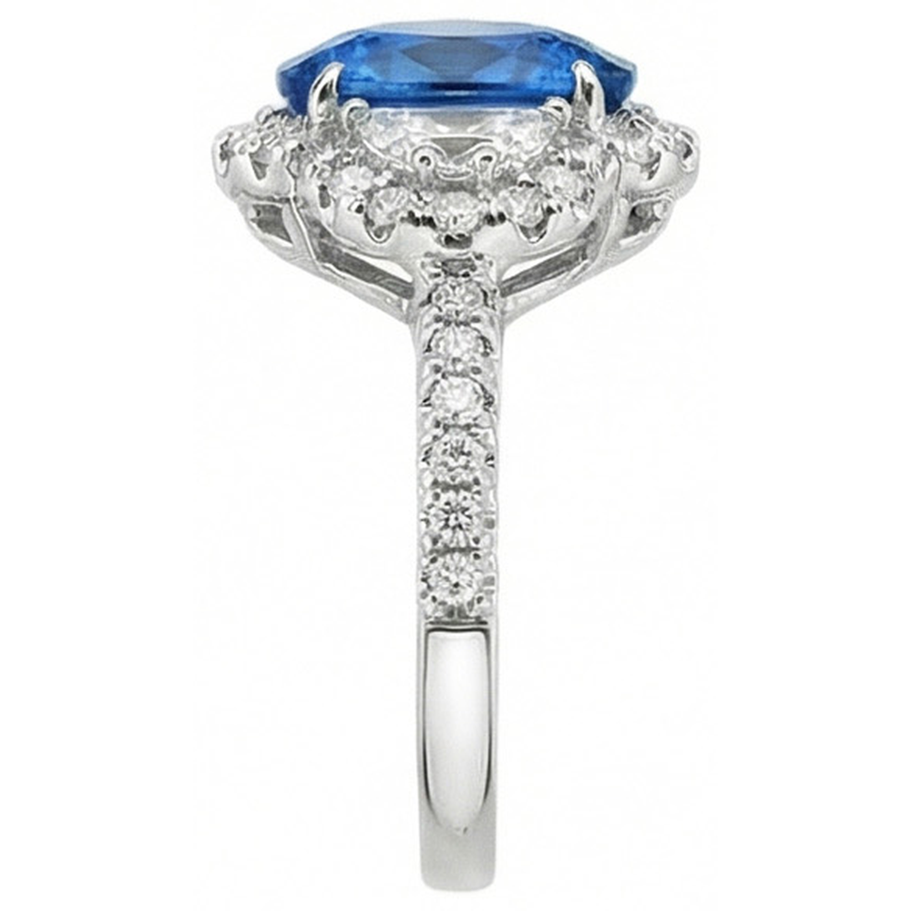 Anello Ovale Con Zaffiro Blu E Diamanti Naturali Autentici ( non creati in laboratorio ) Gioiello In Oro Bianco 14K.