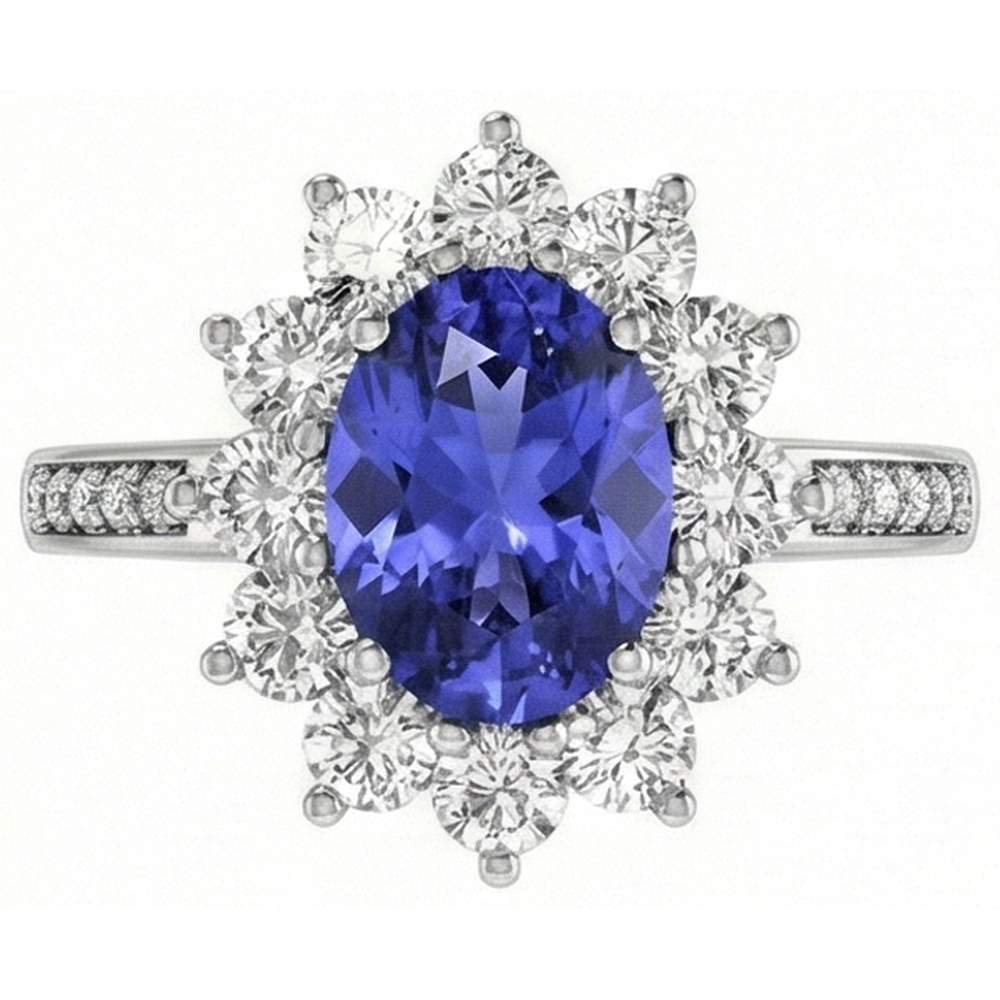 Anello Ovale E Tondo Brillanti 3.75 Carati Tanzanite WG 14K