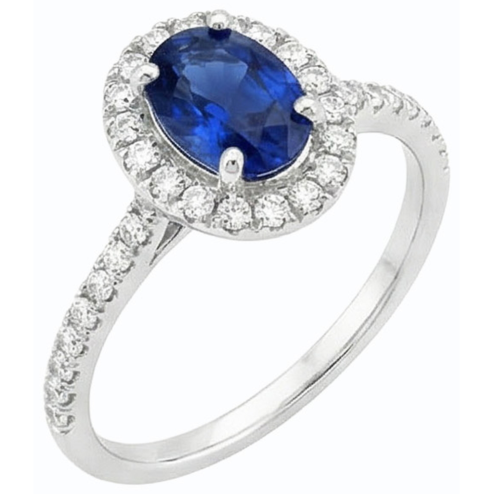 Anello Ovale Halo Anniversary Zaffiro Srilanka e Diamanti Naturali Autentici ( non creati in laboratorio ) 4 Carati