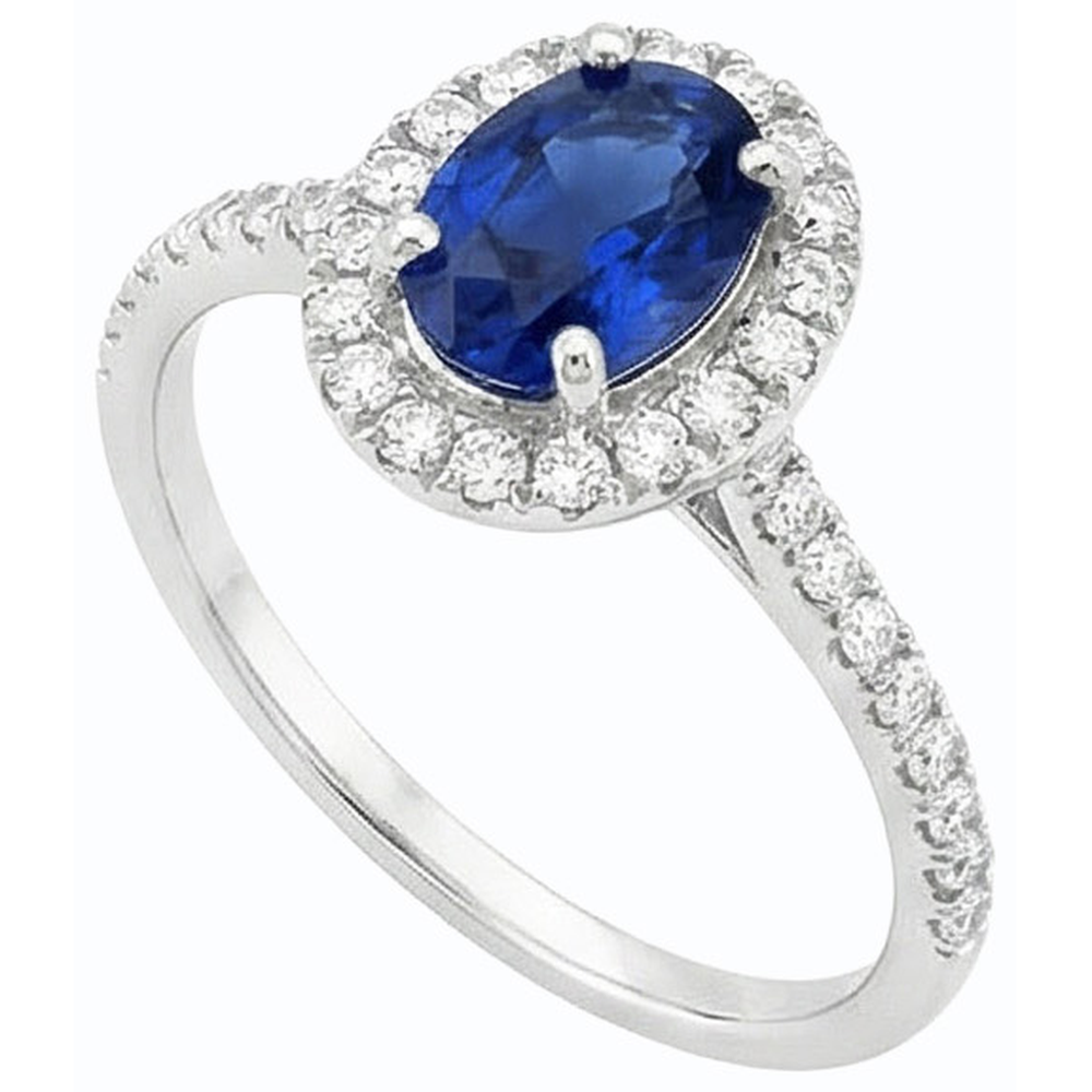 Anello Ovale Halo Anniversary Zaffiro Srilanka e Diamanti Naturali Autentici ( non creati in laboratorio ) 4 Carati