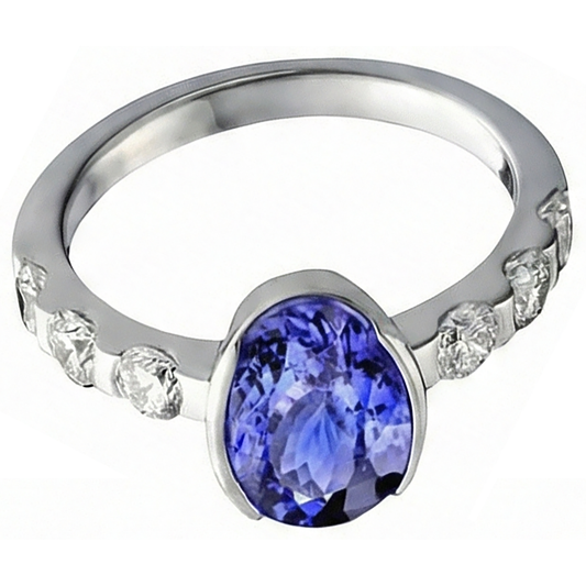 Anello Ovale Tanzanite AAA E Diamanti Naturali Autentici ( non creati in laboratorio ) Oro Bianco 4.50 Carati Gioielli