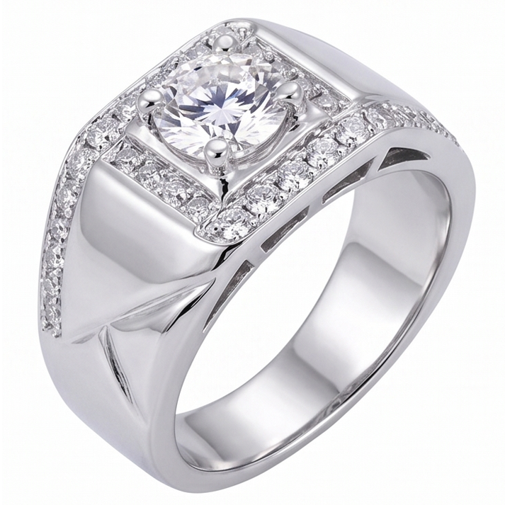 Anello Per Anniversario Da Uomo Con Genuino Diamante Rotondo Da 2 Carati. Oro Bianco 14K