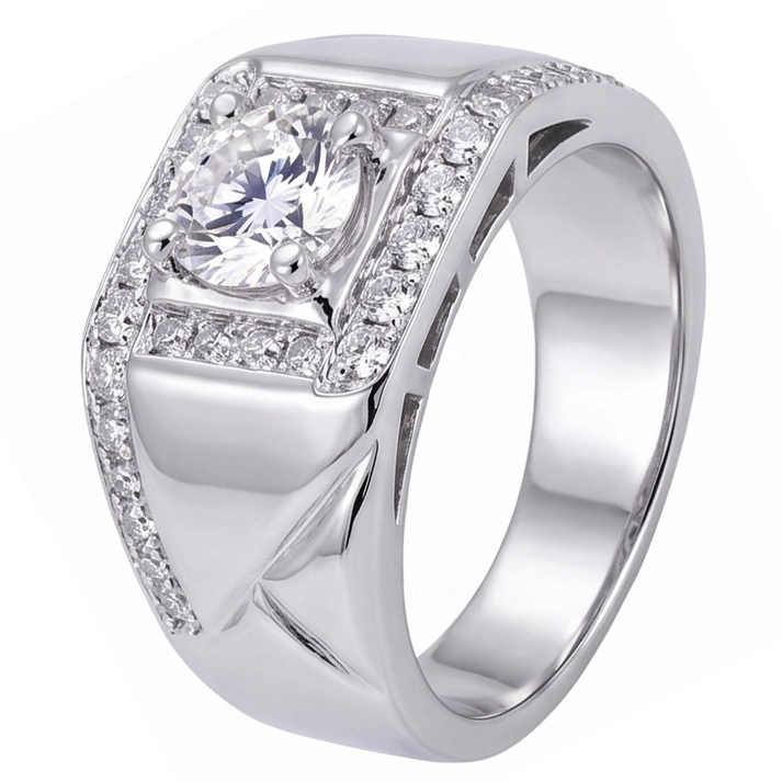 Anello Per Anniversario Da Uomo Con Genuino Diamante Rotondo Da 2 Carati. Oro Bianco 14K