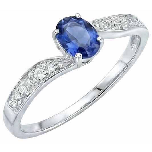 Anello Promessa Oro Bianco 14K Con Zaffiro Ovale Dello Sri Lanka E Diamante Naturale Autentico ( non creato in laboratorio )