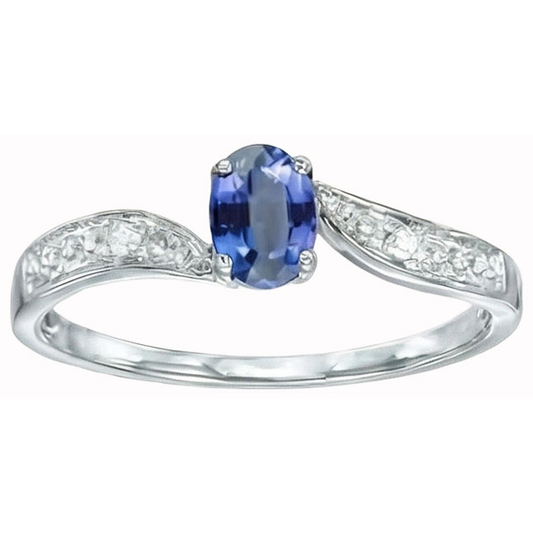 Anello Promessa Oro Bianco 14K Con Zaffiro Ovale Dello Sri Lanka E Diamante Naturale Autentico ( non creato in laboratorio )