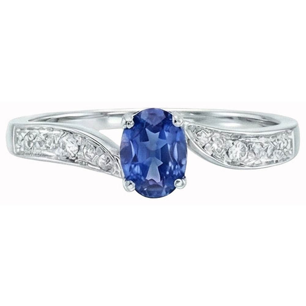Anello Promessa Oro Bianco 14K Con Zaffiro Ovale Dello Sri Lanka E Diamante Naturale Autentico ( non creato in laboratorio )