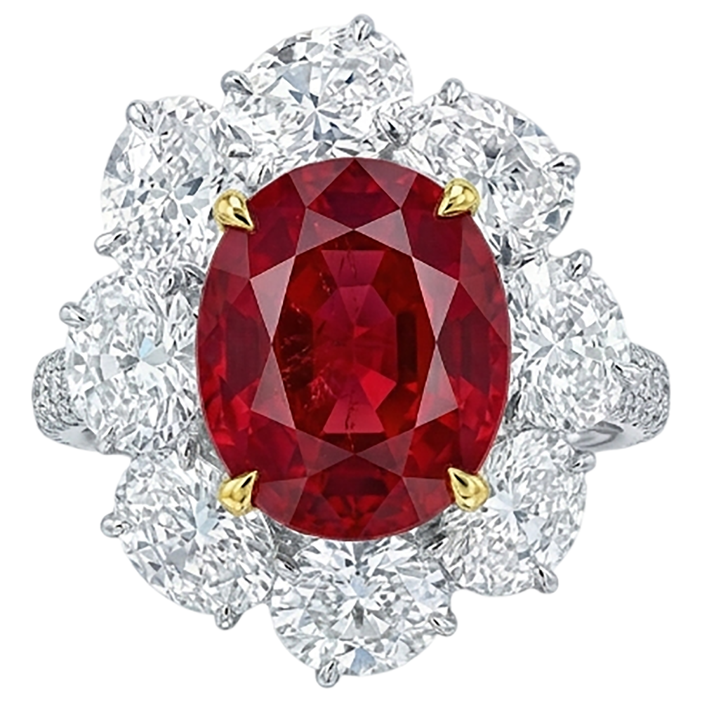 Anello Rosso Rubino Taglio Ovale Con Diamanti Rotondi 4.50 Carati Oro 14K