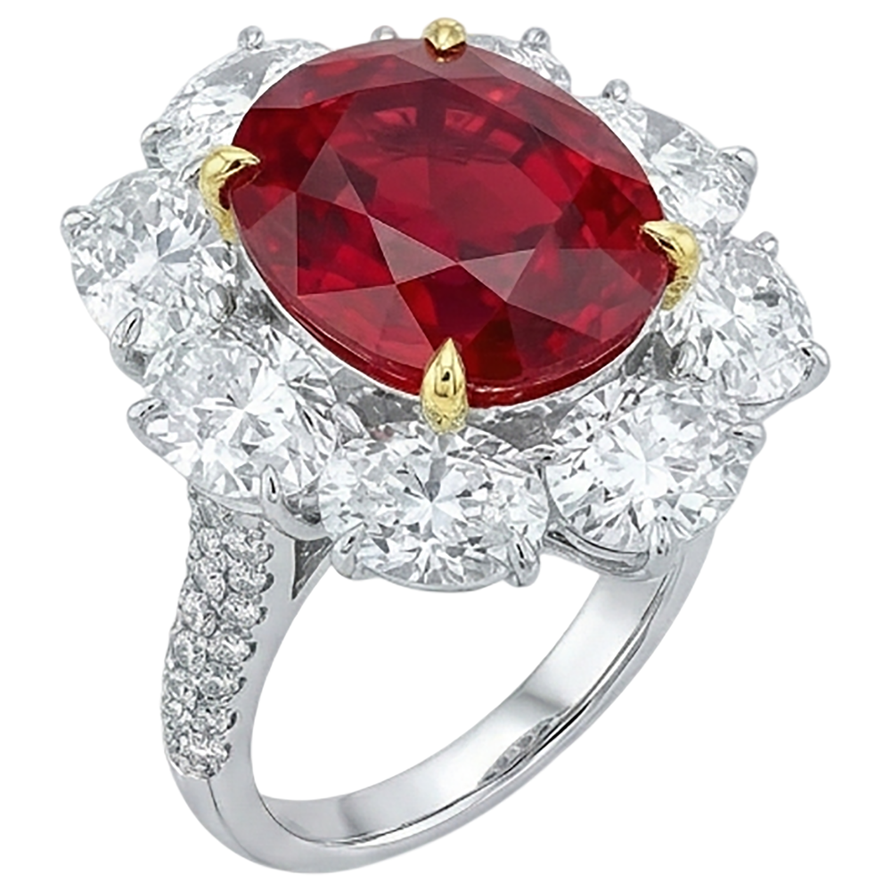 Anello Rosso Rubino Taglio Ovale Con Diamanti Rotondi 4.50 Carati Oro 14K