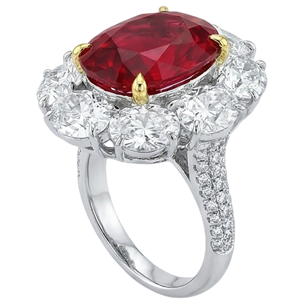 Anello Rosso Rubino Taglio Ovale Con Diamanti Rotondi 4.50 Carati Oro 14K