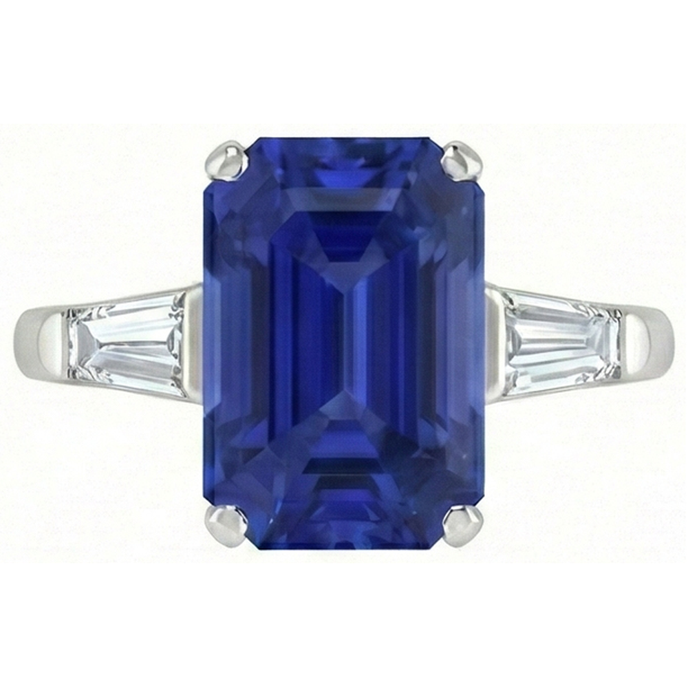 Anello Smeraldo 3 Pietre Zaffiro Srilankan 4.50 Carati Baguette affusolate