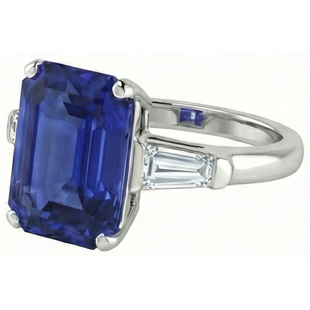 Anello Smeraldo 3 Pietre Zaffiro Srilankan 4.50 Carati Baguette affusolate