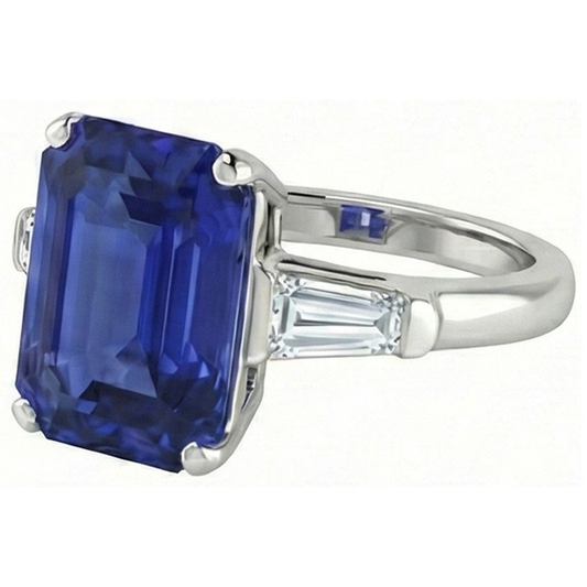 Anello Smeraldo 3 Pietre Zaffiro Srilankan 4.50 Carati Baguette affusolate