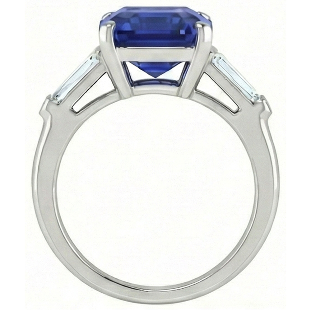 Anello Smeraldo 3 Pietre Zaffiro Srilankan 4.50 Carati Baguette affusolate