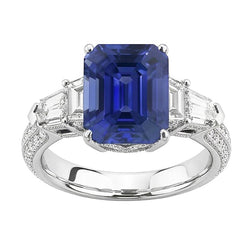 Anello Smeraldo Diamante Naturale Autentico ( non creato in laboratorio ) Stile Vintage Zaffiro Baguette Lati 3.50 Carati