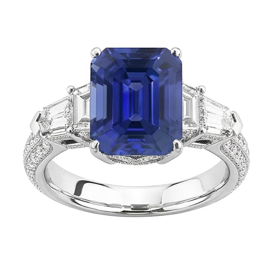 Anello Smeraldo Diamante Naturale Autentico ( non creato in laboratorio ) Stile Vintage Zaffiro Baguette Lati 3.50 Carati