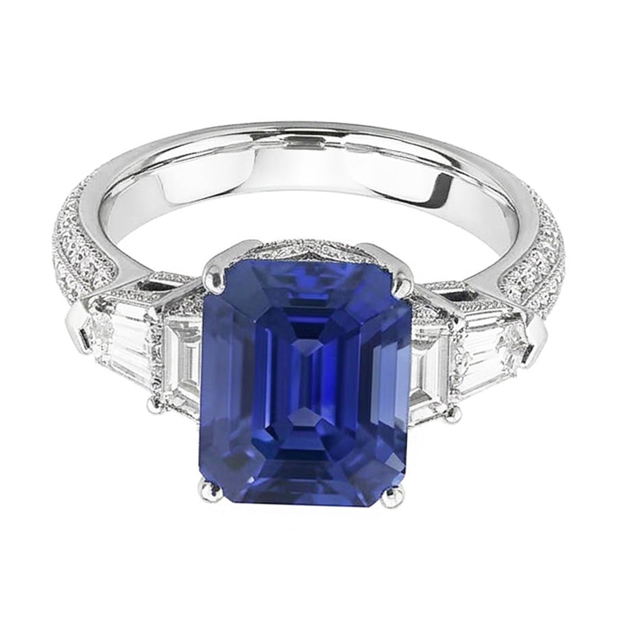 Anello Smeraldo Diamante Naturale Autentico ( non creato in laboratorio ) Stile Vintage Zaffiro Baguette Lati 3.50 Carati