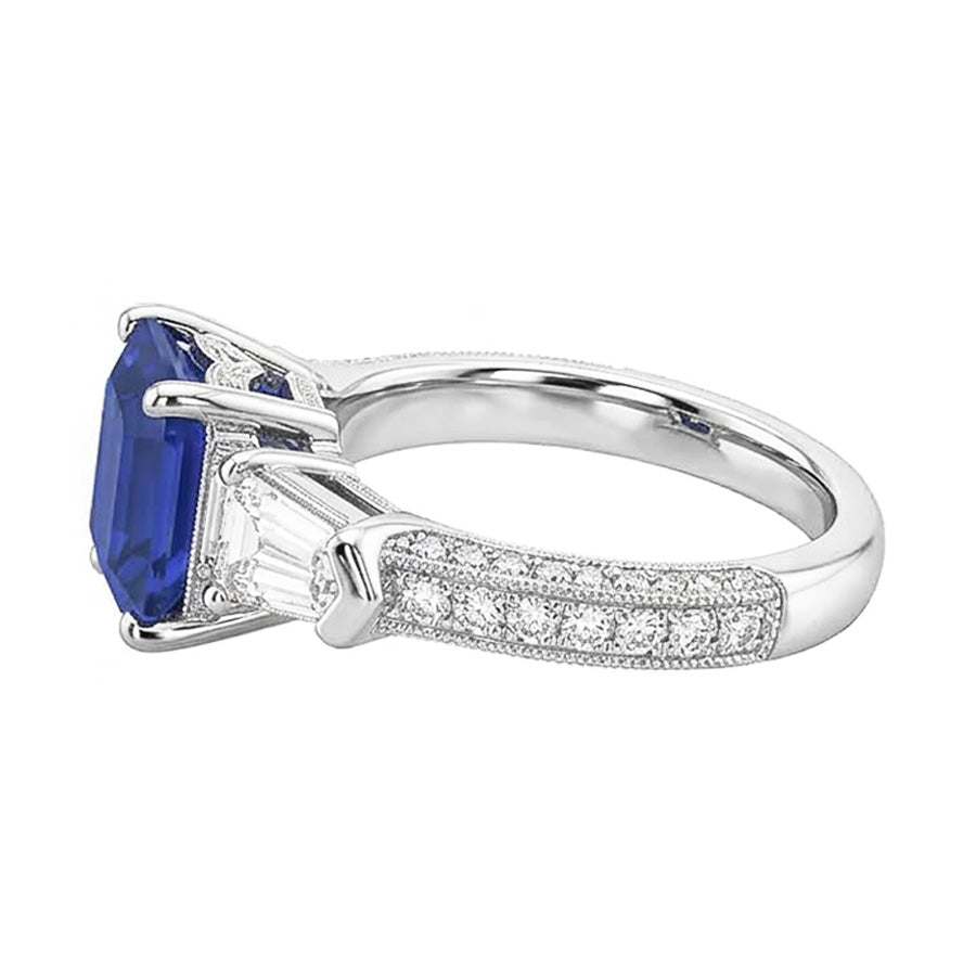 Anello Smeraldo Diamante Naturale Autentico ( non creato in laboratorio ) Stile Vintage Zaffiro Baguette Lati 3.50 Carati