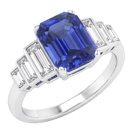 Anello Smeraldo Gemma Zaffiro Ceylon & Diamanti Naturali Autentici ( non creati in laboratorio ) Baguette 2.50 Carati