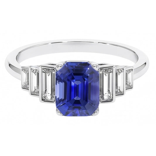 Anello Smeraldo Gemma Zaffiro Ceylon & Diamanti Naturali Autentici ( non creati in laboratorio ) Baguette 2.50 Carati
